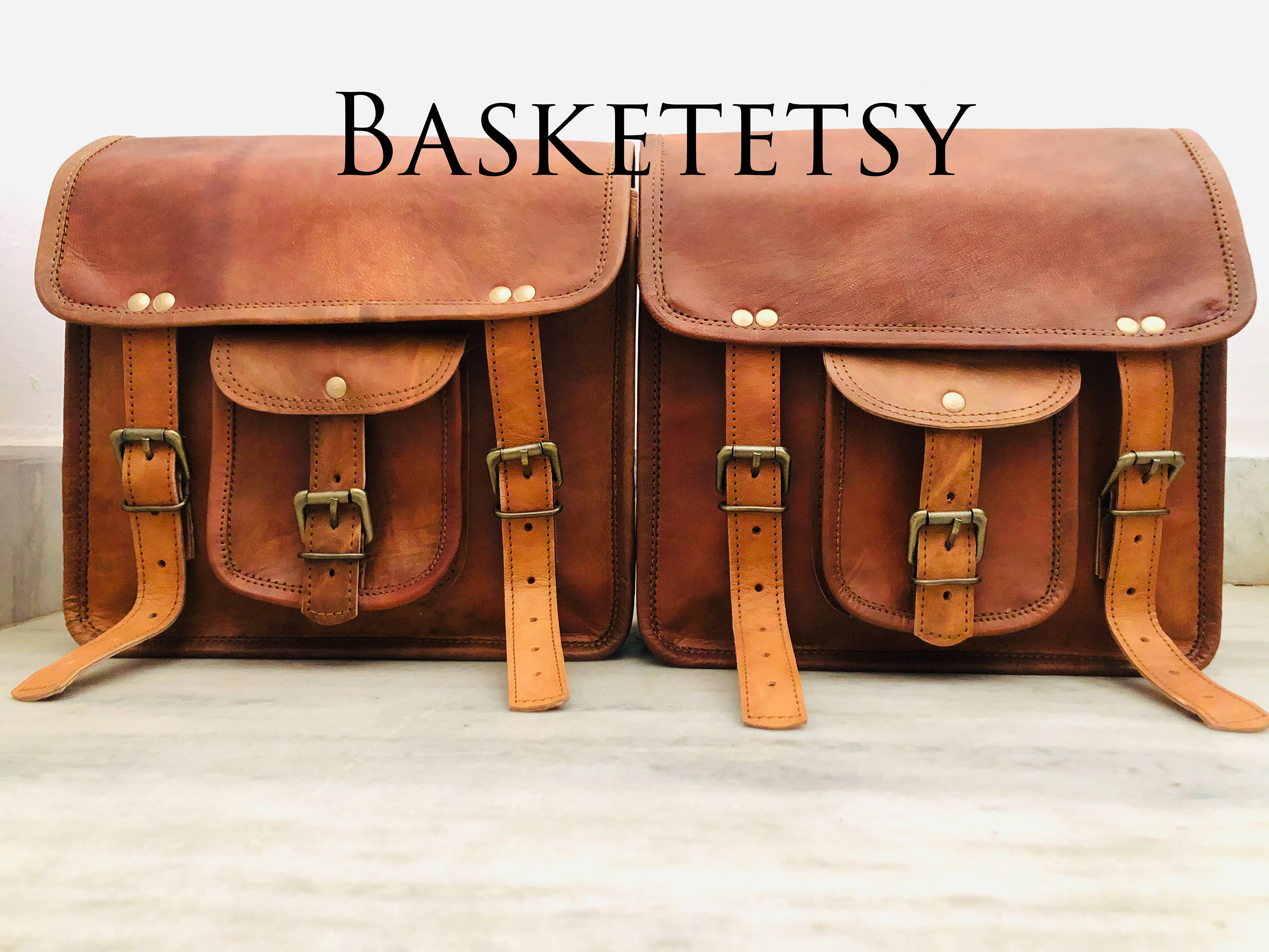 brown leather panniers