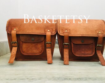 Handmade Brown Leather Motorcycle Saddlebags - Side Pouch Panniers, 12"L X 9"H X 5"W, 5L Capacity, Strap Mount (Pair)