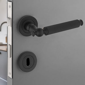 May include: A close-up of a black door handle and lockset on a gray door. The handle has a ribbed design and a rounded end. The lockset is circular with a keyhole. The background shows a kitchen with gray cabinets.