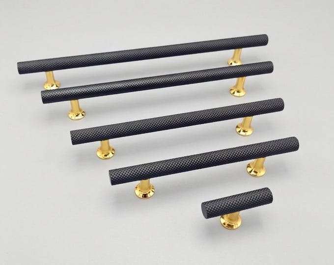 Featured listing image: Knurled Solid Black-Gold Bar Handles for Cabinetry, Textured Gold Dresser Knobs, Pulls for Drawers, Knobs for Kitchen Cabinets and Wardrobes