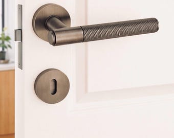 A Pair of Knurled Design Vintage Brass Door Lever Handle, Antique Brass Door Knobs for Interior Doors, Aged Yellow Door Pulls, Modern Handle