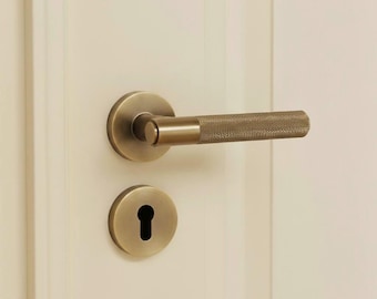 A Pair of Knurled Design Vintage Brass Door Lever Handle, Antique Brass Door Knobs for Interior Doors, Aged Yellow Door Pulls, Modern Handle