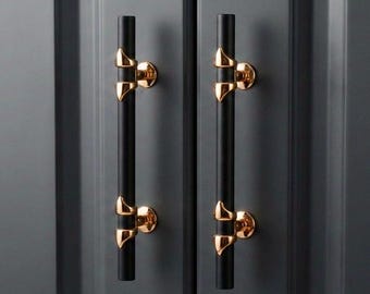 Black with Gold Colored High Finish Solid Bar Handle: Modern Cabinet Knob and Pull for Wardrobes, Drawers and Kitchen Cupboards