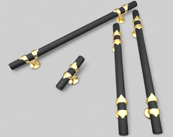 Knurled Black & Brass Cabinet Handle: Textured Drawer Pull