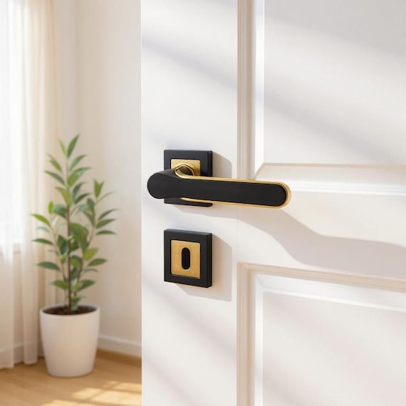 Black & Gold Door Lever Set: Modern Zinc Alloy Interior Door Handle