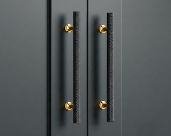 Black & Gold Knurled Solid T Bar Cabinet Handle in Zinc Alloys, Textured Wardrobe Knob,  Modern Pull for Drawer, Dresser’s and Cupboard Knob