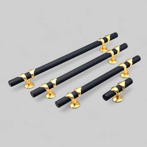 Knurled Black & Brass Solid T Bar Cabinet Handle, Black Textured Wardrobe Knob, Gold Pull for Drawer, Dresser’s and Kitchen Cupboard Knob