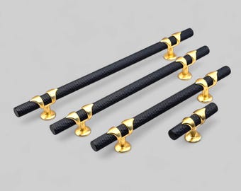 Knurled Black & Brass Solid T Bar Cabinet Handle, Black Textured Wardrobe Knob, Gold Pull for Drawer, Dresser’s and Kitchen Cupboard Knob
