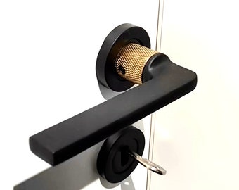 A Pair of Knurled Door Lever Set, Luxury Door Knob, Futuristic Door Handle Design, Interior Door Knob, Black and Gold, Brushed Nickel Handle