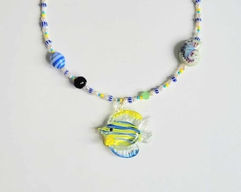 Tropical Fish Glass Mother of Pearl Beaded Necklace | Statement Jewelry