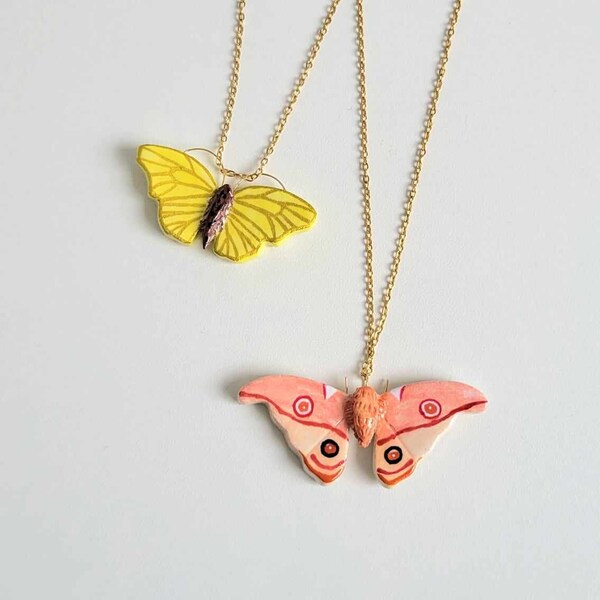 handpainted Butterfly or Moth Clay Necklace | Stainless Steel Jewelry