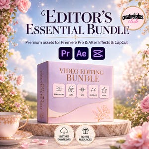 Könnte beinhalten: Eine rechteckige Schachtel mit der Aufschrift Editor's Essential Bundle und Video Editing Bundle in Lila und Gold. Die Schachtel zeigt Symbole für Übergänge, LUTs, SFX, Overlays und Icons. Sie enthält Logos für Premiere Pro, After Effects und CapCut.