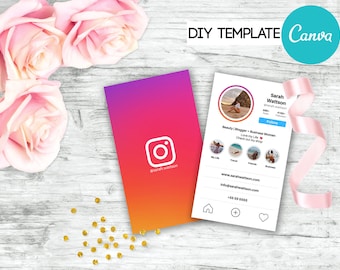 May include: A DIY Canva template featuring two rectangular cards. One card displays a vibrant pink to orange gradient with a white Instagram logo and the text @sarah.wattson. The second card shows a mock Instagram profile for Sarah Wattson.