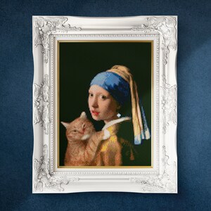 Girl with a Pearl Earring with Cat Cross Stitch Pdf Pattern 14 Count 20 x 23 cm