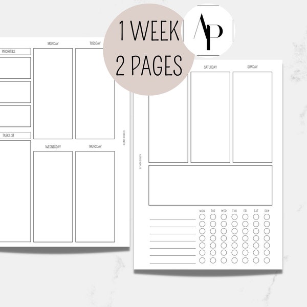 Kalender Einlage  - 1 Woche 1 Seite, Task List, Prioritäten, Notizen, Habit Tracker I undatiert, ungelocht - 1 Week 2 Pages