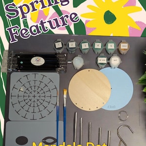 May include: A DIY mandala dot wind chime kit with a wooden circle, metal rods, a hook, and paint pots. The kit includes a stencil, paintbrushes, and five paint colors: gold, white, green, brown, and blue.