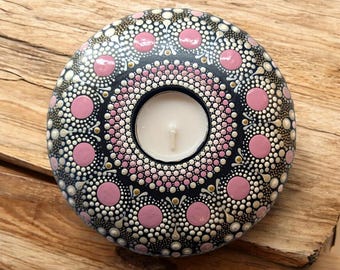 Hand Painted Tealight Hold Large, Mandala Dot Art