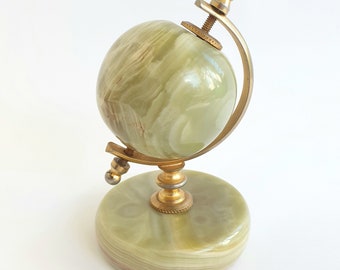 Vintage - Green Onyx Marble, Brass Rotating Globe Desk Ornament, Paperweight - 1980s