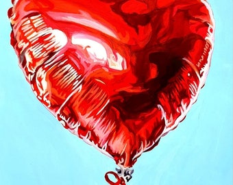 Red Heart Shaped Balloon, Original Acrylic Painting, 13.5 x 16.5 Inches