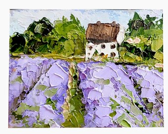 Miniature Painting Original Art, Lavender Impasto Oil Artwork, Small Landscape, Provence Impressionist Decor