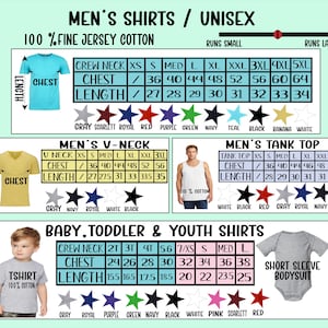 May include: Size chart for men's and children's shirts. The chart shows the chest and length measurements for different sizes of crew neck, v-neck, tank top, and short sleeve bodysuit shirts. The chart also includes a color key with the following colors: gray, scarlet, royal, red, purple, green, navy, teal, black, banana, white, pink.