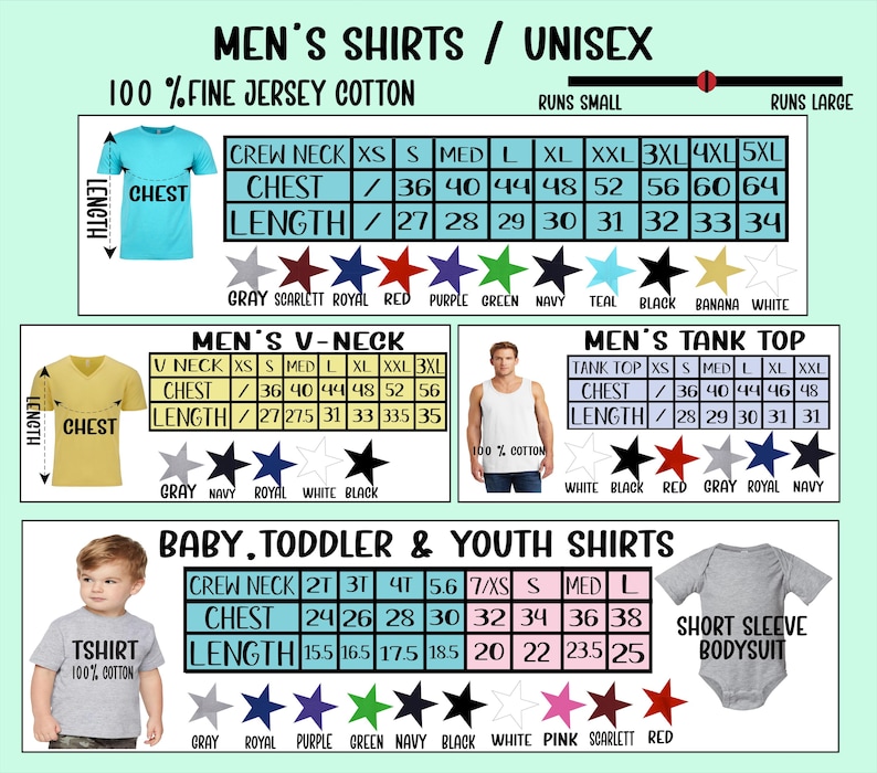 May include: Size chart for men's and children's shirts. The chart shows the chest and length measurements for different sizes of crew neck, v-neck, tank top, and short sleeve bodysuit shirts. The chart also includes a color key with the following colors: gray, scarlet, royal, red, purple, green, navy, teal, black, banana, white, pink.