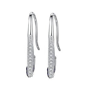 May include: A pair of silver dangle earrings with a row of clear cubic zirconia stones.