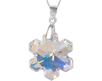 May include: A silver snowflake pendant necklace with a clear iridescent crystal snowflake charm. The necklace is on a silver chain.
