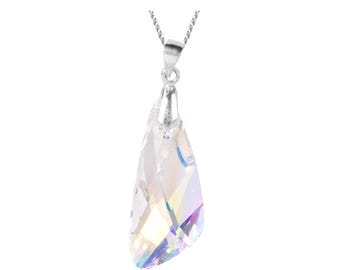 May include: A silver chain necklace with a teardrop-shaped iridescent crystal pendant.