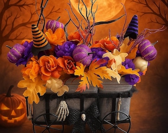 Spooky Harvest Wagon Centerpiece: Halloween Fall Floral Decor