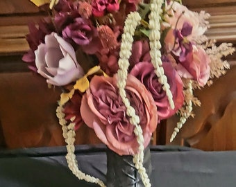Floral Witch Boot Centerpiece: Halloween Spider Decor, Burgundy Flowers