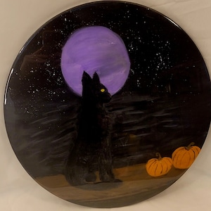 Hand painted Fall Wall Art|Autumn Night Whiskers|Black cat decorhand-painted fall scene, halloween art, acrylic painting, round wood art