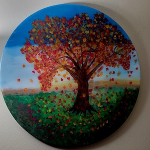 Hand painted Fall Wall Art| Fall Bliss|hand-painted fall scene, woodland art, acrylic painting, round wood slab art| Tree in fall foliage