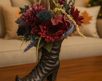 Enchanted Floral Witch Boot Centerpiece: Halloween Spider Decor, Resin Boot