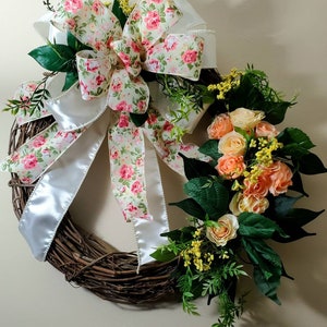 Farmhouse Elegance|Spring rose grapevine wreath| Farmhouse Wreath|Hand Designed Grapevine Wreath|Peach Floral Grapevine Wreath|
