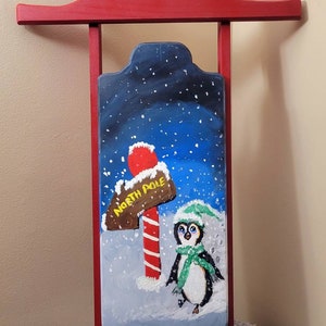 Penguin Winter Sled Porch Decor-bord| Pinguïndecoratie| Houten winterslee| Kerstpinguïnslee|Pinguïndecor| Noordpoolpinguïn