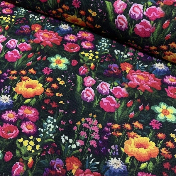 Tapestry Floral Fabric, Wildflower Fabric, Black Flower Fabric, Night Garden Painting Colorful Upholstery Curtain Cushion Chair Fabric Yard
