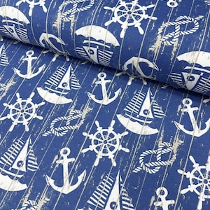 Nautical Upholstery Fabric, Sailboat Fabric, Anchor Fabric, Marine Sea Ocean Denim Blue White Cotton Canvas Curtain Sofa Outdoor Fabric Yard