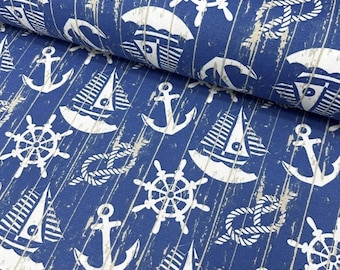Nautical Upholstery Fabric, Sailboat Fabric, Anchor Fabric, Denim Blue White Marine Sea Ocean Cotton Canvas Curtain Sofa Outdoor Fabric Yard