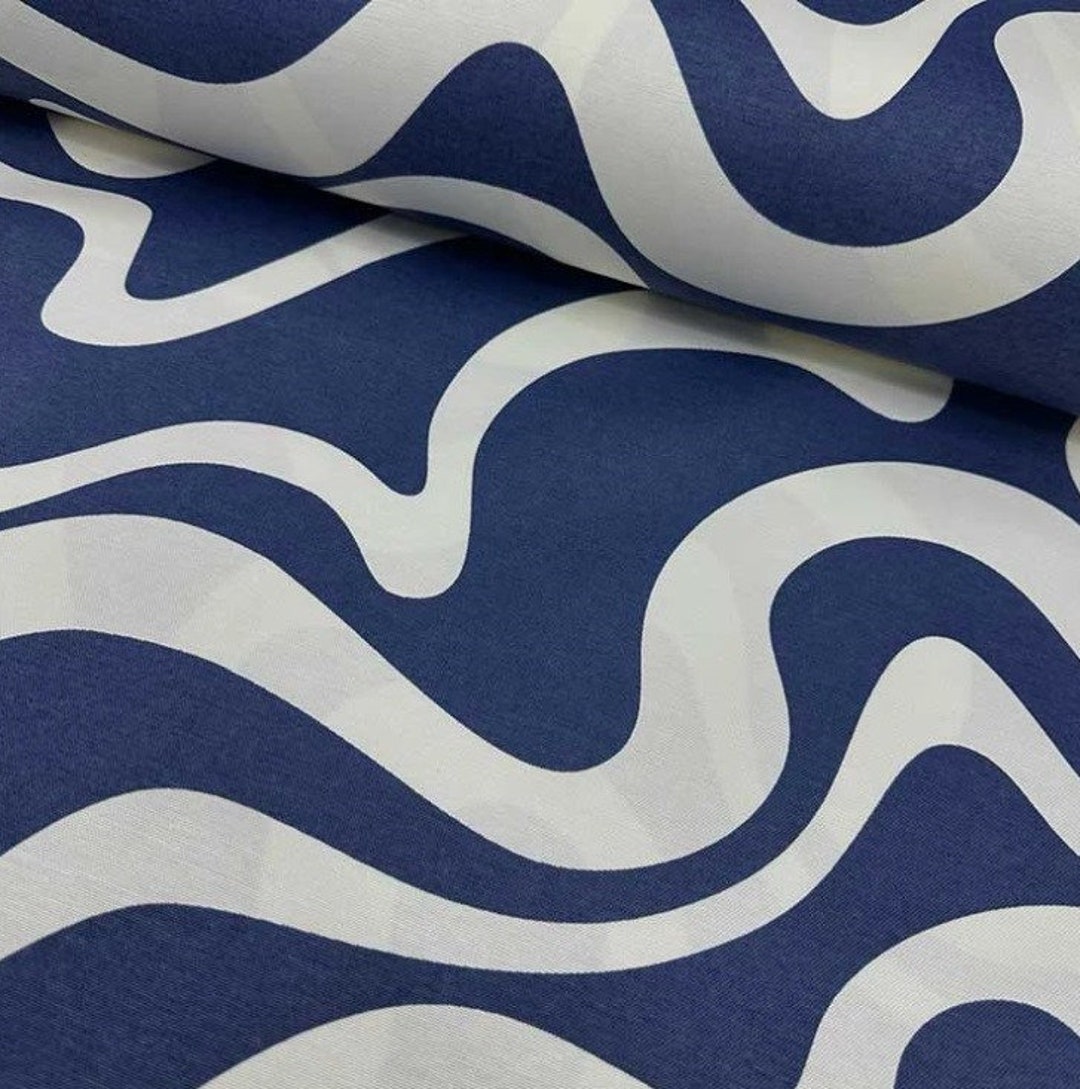 Retro Print Fabric, Blue White Upholstery Fabric, Swirl Fabric