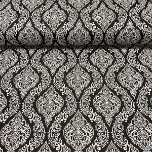 May include: Black and white fabric with a damask pattern. The pattern features intricate details and a repeating design.