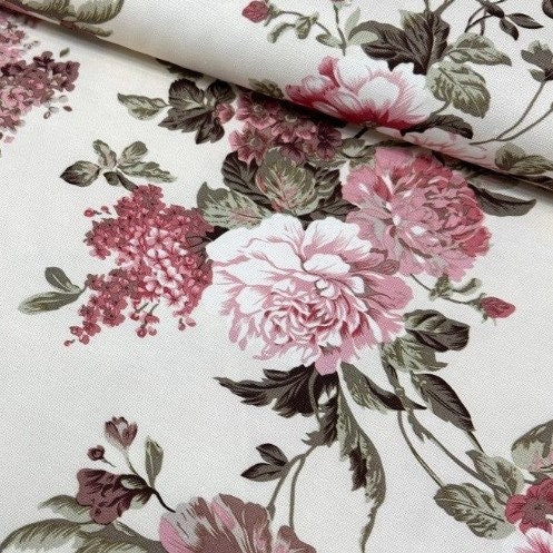 Pink Floral Upholstery Fabric, Rose Cotton Fabric, Flower Print Fabric ...
