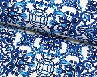 Majolica Fabric, Blue White Upholstery Fabric, Tile Print Mediterranean Italian Cotton Canvas Drapery Indoor Outdoor Home Decor Fabric Yard