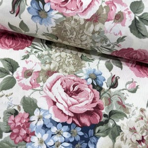 Rose Upholstery Fabric, Pink Floral Fabric, Shabby Chic Fabric, Large Print Blue Flower Sage Green Leaves Canvas Curtain Decor Fabric Yard