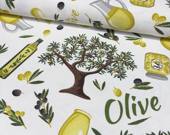 Olive Tree Fabric, Mediterranean Upholstery Olive Oil Italian Cooking Fruit Print Cotton Canvas Kitchen Tablecloth Apron Picnic Fabric Yard