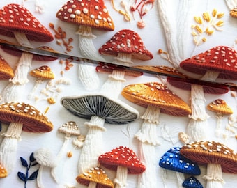 Mushroom Upholstery Fabric, Embroidery Print Fabric, 3d Effect Toadstool Nature Inspired Woodland Forest Cotton Curtain Decor Fabric Yard