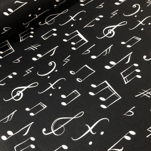 Music Print Fabric, Notes Fabric, Monochrome Fabric, Musical Fabric, 100% Cotton Fabric by the Yard, Quilting Fabric, White on Black Fabric