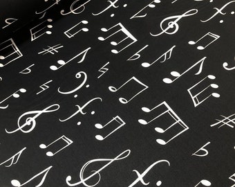 Music Print Fabric, Notes Fabric, Monochrome Fabric, Musical Fabric, 100% Cotton Fabric by the Yard, Quilting Fabric, White on Black Fabric