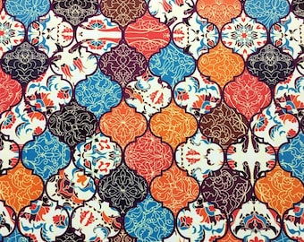 Moroccan Upholstery Fabric, Mosaic Tile Fabric, Spanish Portuguese Fabric, Ceramic Fabric, Orange Blue Decor Outdoor Cushion Fabric Yard