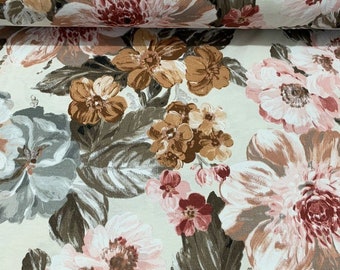 Grote bloem stof, bruine bloemen stof, retro print bekledingsstof, boho roze katoenen canvas meubelstof gordijn kussen bank stof werf